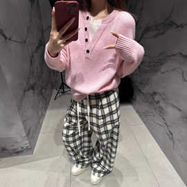 2026春新款圆领纽扣设计感假两件落肩宽松针织衫毛衣女