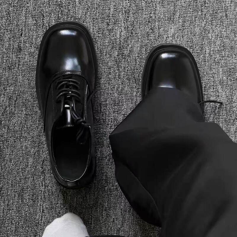 Derby Shoes for Men, Spring Season, British Style, Casual, Thick-Soled, Height-Increasing Shoes, Patent Leather, Glossy Black, Business Formal, Commuting Leather Shoes