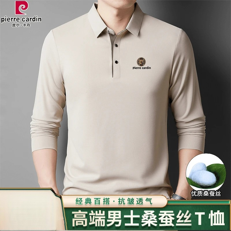 皮尔卡丹男士桑蚕丝长袖T恤春秋季中年男装休闲翻领t恤上衣