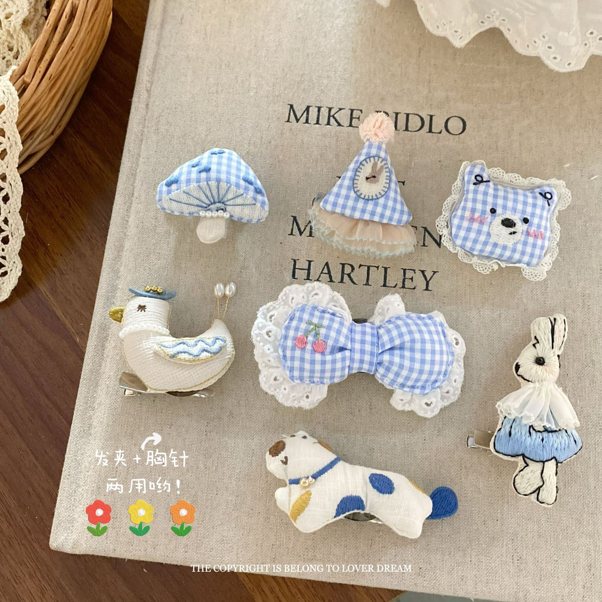 South Korea New Blue Plaid Bear Bow Rabbit Brooch Sweet Cute Dual-use Duckbill Clip Clothing Accessories Women