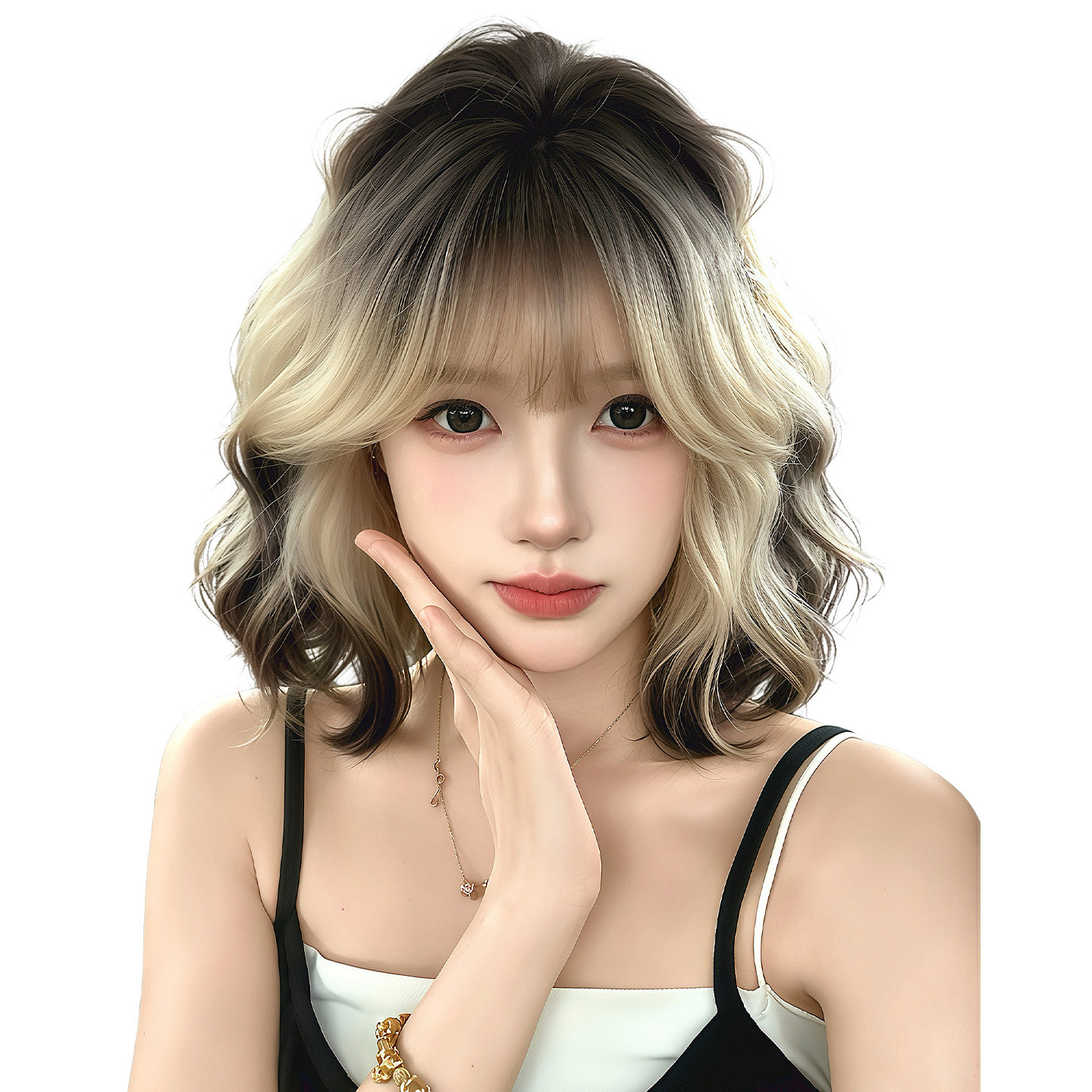Perruque Connie Full Head pour femme – Cheveux courts bouclés, dégradé noir à doré, style asiatique, perruque Lolita Sweet Look
