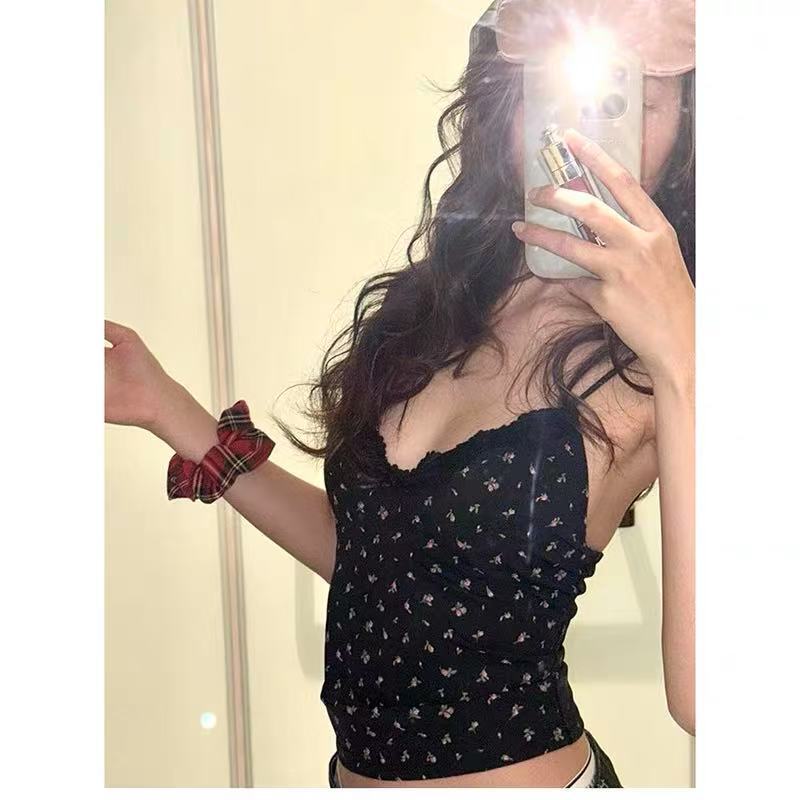 American Retro Black Sexy Floral Lace Spice Camisole Women's Summer Slim-fit All-match Top with Chest Pad