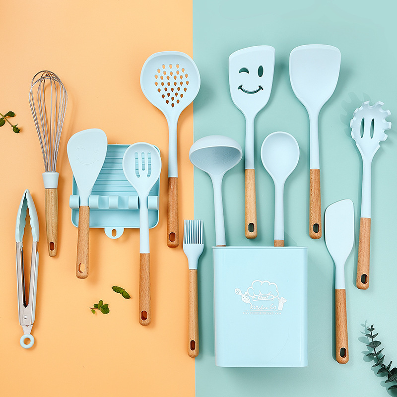 Nórdico Morandi color alargado mango de madera de silicona cocina 12 piezas set antiadherente cocina de silicona especial