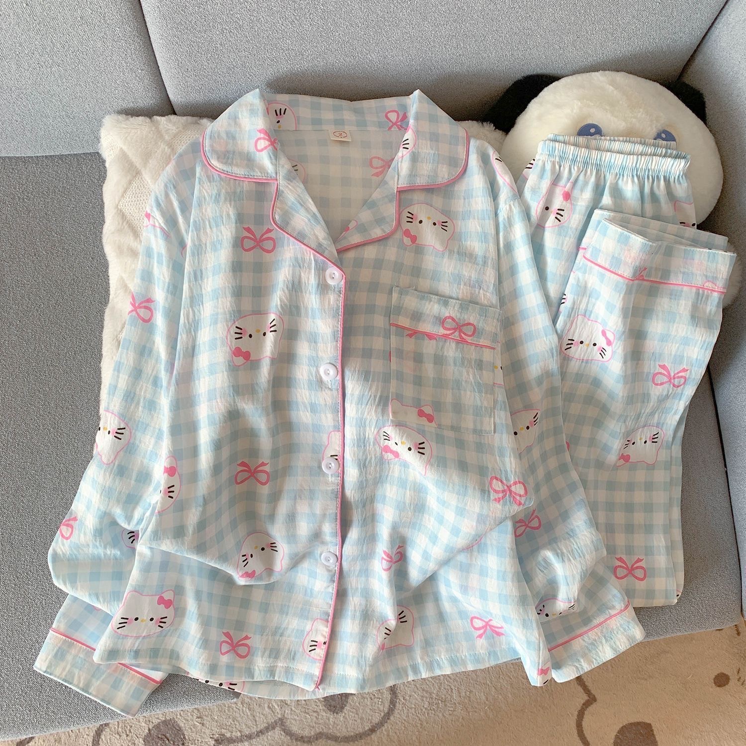 Al por mayor transfronterizo nueva primavera y otoño en línea explosión delgada nube de algodón dulce pijama de mangas largas pantalones largos ropa para el hogar cubierta