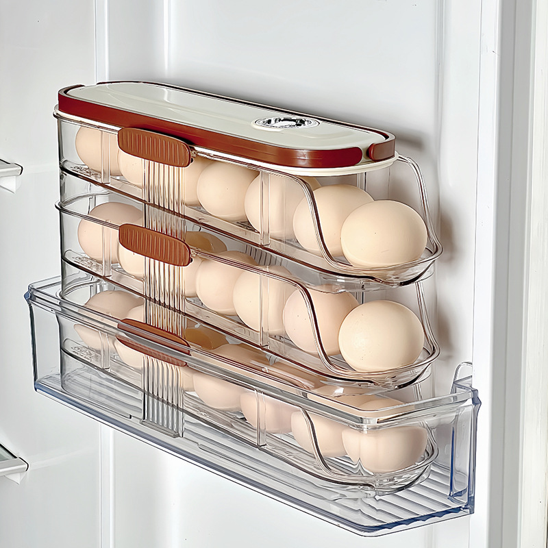 Caja de almacenamiento de huevos rodante para cocina, apertura inclinada creativa de varias capas, soporte automático especial para huevos en la puerta lateral del refrigerador, caja de conservación.