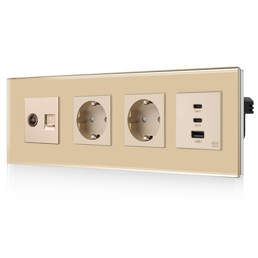 金色两德插 65W超级快充 带TV/CAT6功能插口欧式插座德式插座