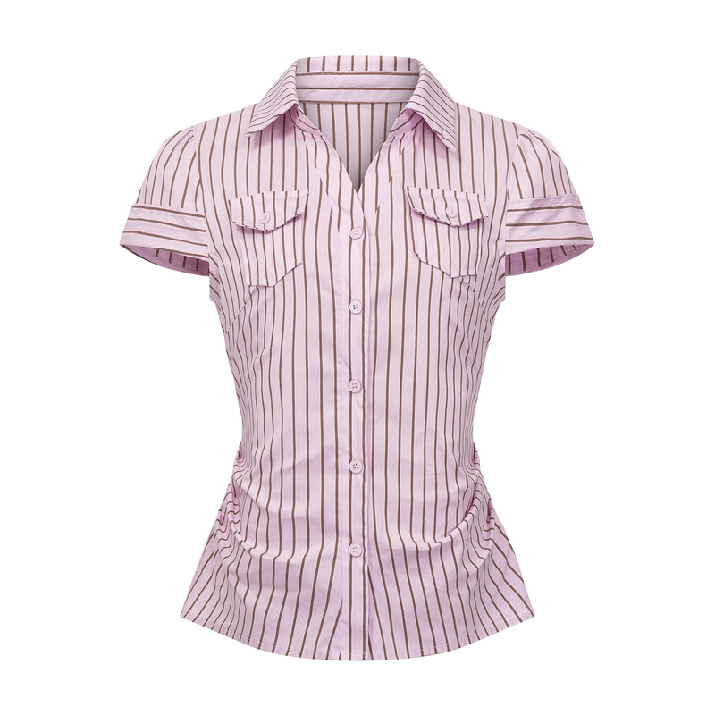 Pokiovo American Retro Summer Pink Stripesd Hottie Slim-Fit Short-Sleeved Shirt for Women with Slim Fit Short Top Pokiovo American Retro Summer Pink Stripesd Hottie Slim-Fit Short-Sleeved Shirt for Women with Slim Fit Short Top