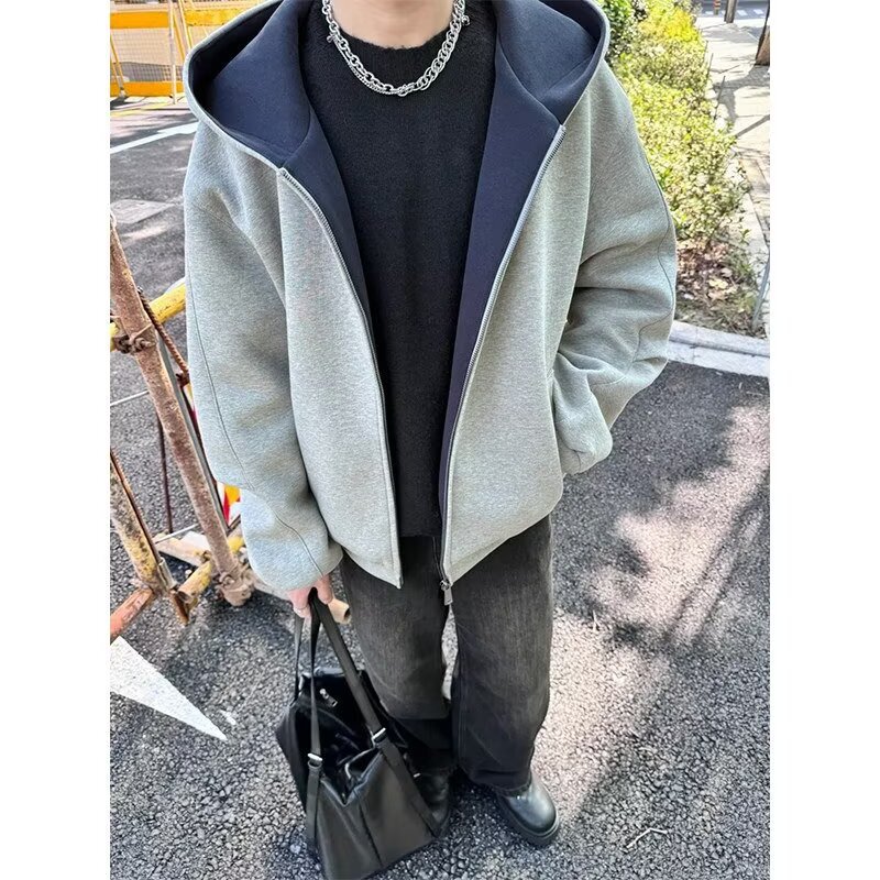 秋装韩版黑灰拼接双面穿卫衣连帽廓形卫衣男夹克外套高级上衣黑色|undefined