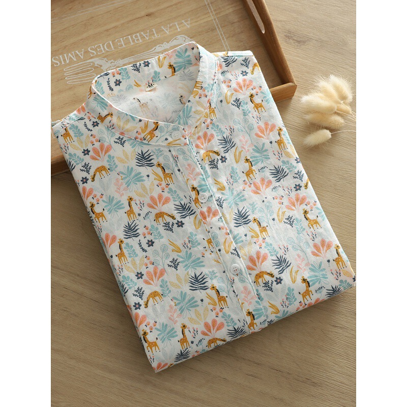 Factory-Made Double-Layer Cotton Gauze V-Neck Polka Dot Short-Sleeve Shirt for Women, Summer Export, High Quality, Soft and Skin-Friendly