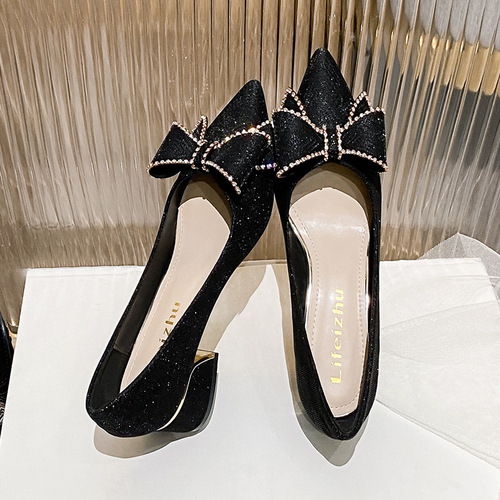  New Spring Evening Pumps French Thick Heel High Heels Pointed Toe Single Shoes Women Medium Heel Plus Size 41-43