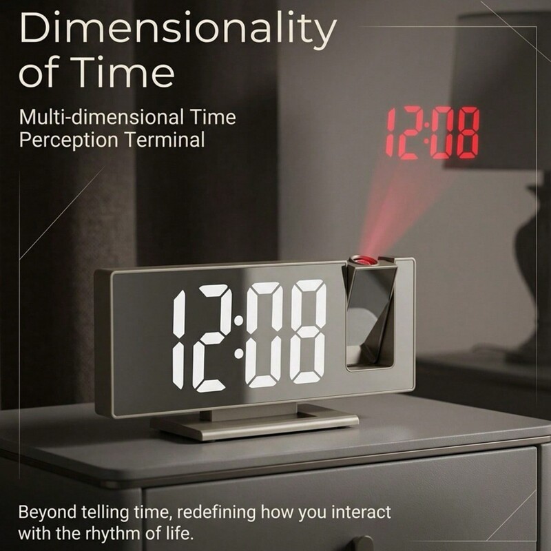 Multifunctional Digital Clock with Time Projection Light, 180-Degree Rotation, Bedroom Alarm Clock, Glass Mirror Surface, Large Digital Display
