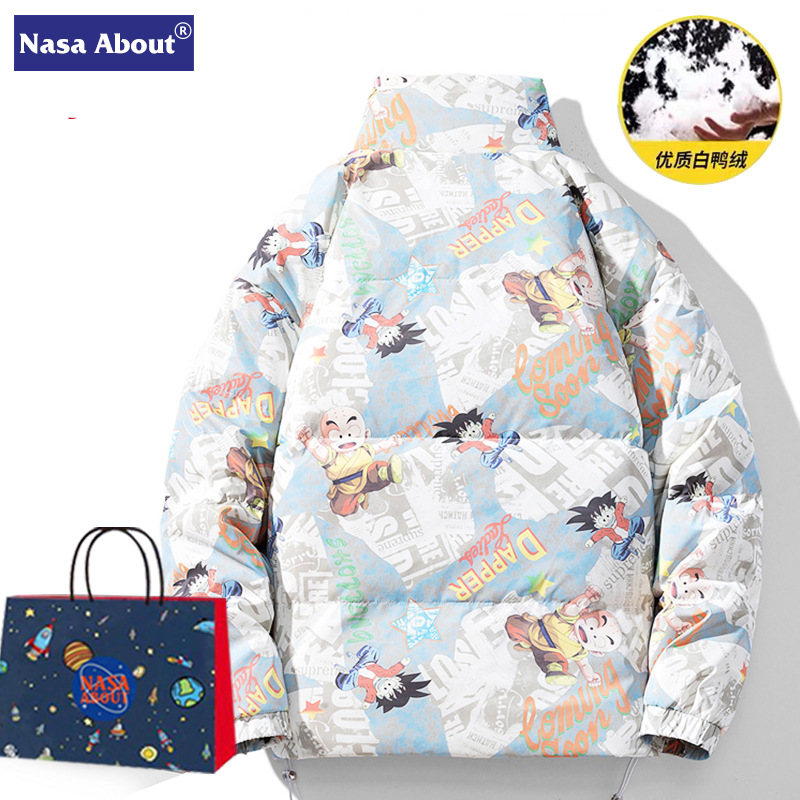 NASA Dragon Ball creativo graffiti stand collar abajo chaqueta hombres pareja invierno cálido engrosada 90 pato blanco abajo marea