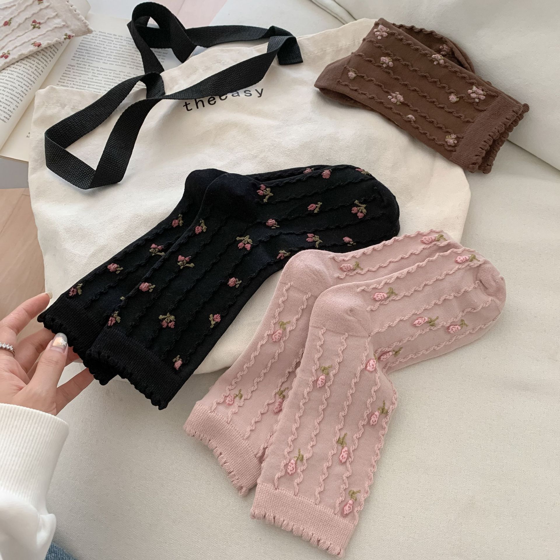 立體小玫瑰復古少女堆堆襪子女中筒襪肌理感韓系碎花木耳邊ins襪