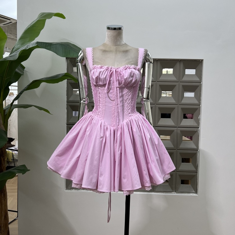 Amazon Girl Sweet Summer 2025 新しいスタイルのレースアップウエストオルガンプリーツバレエスタイルドーパミンドレス|undefined