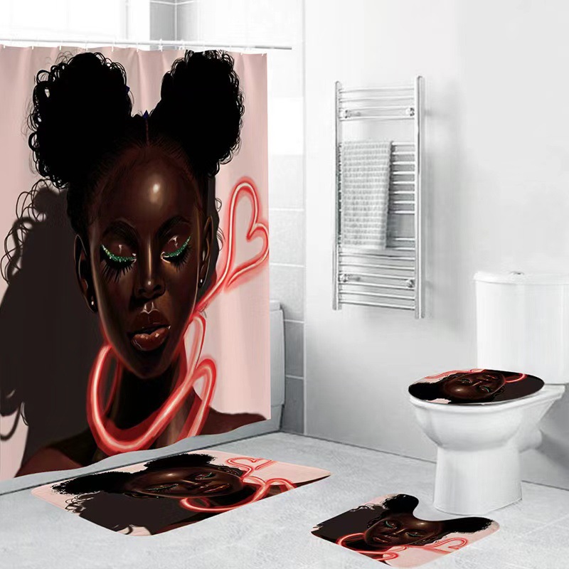 Amazon belleza africana impresión digital cuarto de baño cuatro piezas cortina de baño alfombra de suelo de poliéster impermeable secado rápido empalme antideslizante