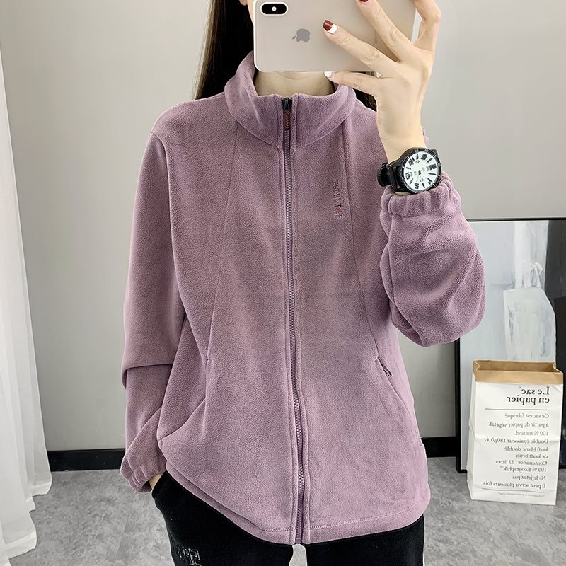 야외 캐주얼 양털 옷 가을과 겨울 여성의 따뜻한 자물쇠 기모 두꺼운 지퍼 메이플 리프 칼라 카디건 스웨터 재킷