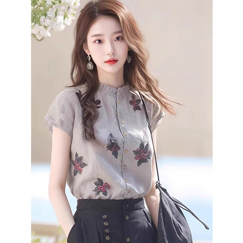 French lace collar short sleeve shirt women's summer new style elegant high sense small shirt chic unique top