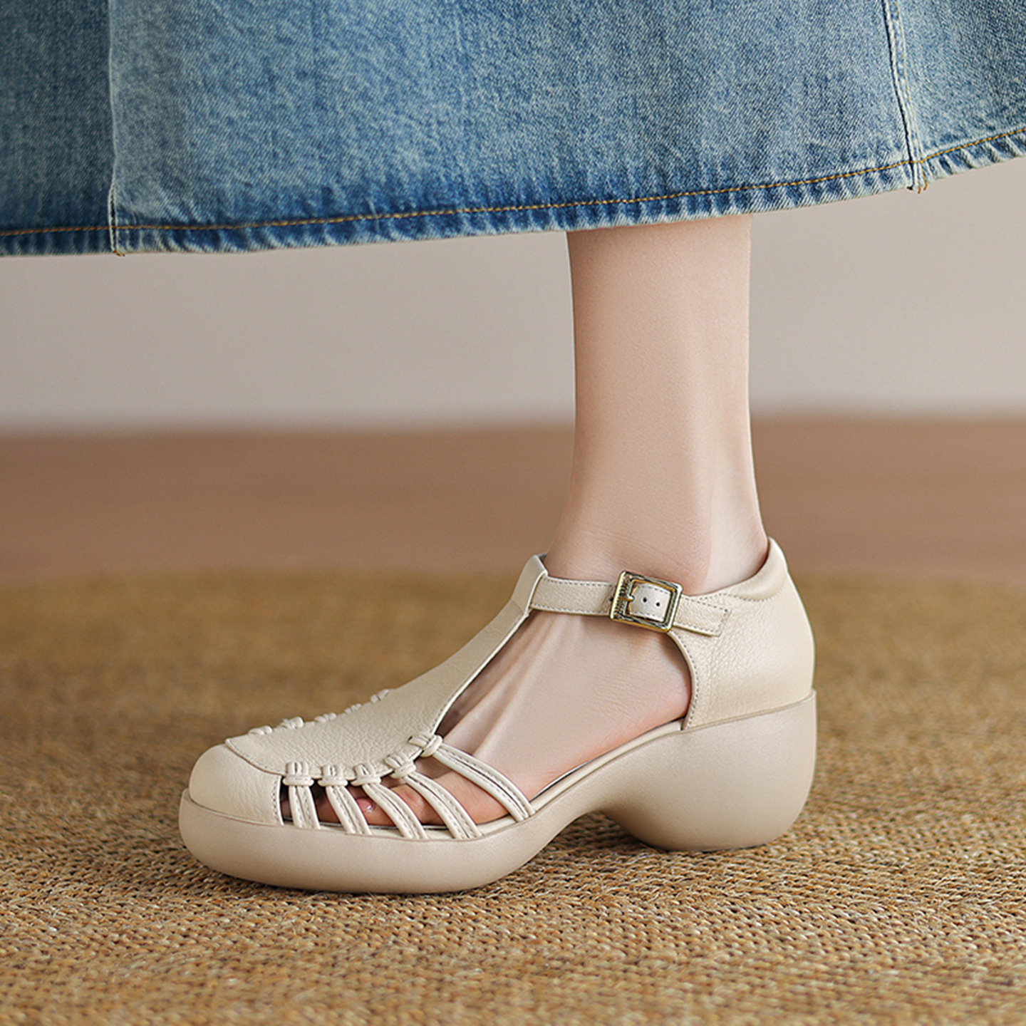 Sandal nữ da cừu mũi bao đế dày quai ngang một chữ kiểu La Mã — đen chi tiết 8