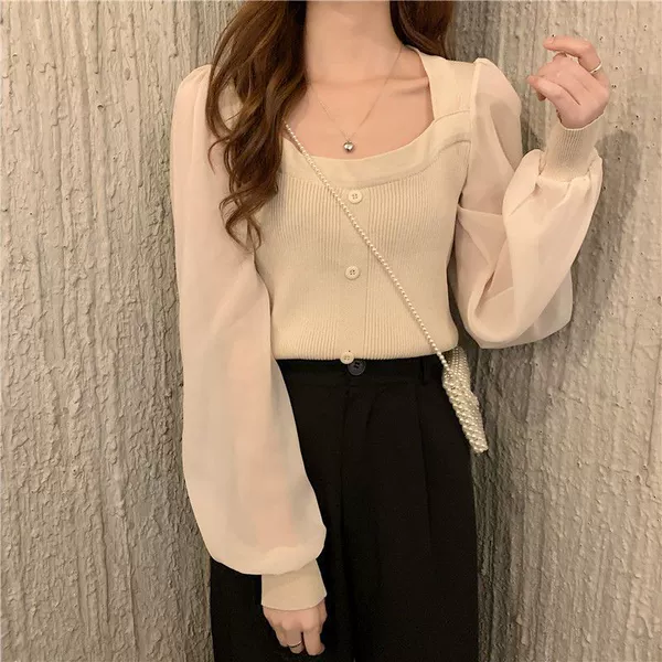 Shiffon shirt, square neckline, puff sleeves