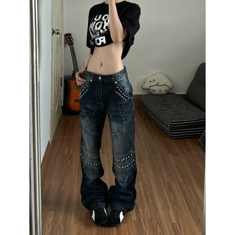American-style, spiky, deconstructed, slightly flared jeans for women, new autumn collection, light Asian style, loose-fitting, versatile wide-leg long pants American-style, spiky, deconstructed, slightly flared jeans for women, new autumn collection, light Asian style, loose-fitting, versatile wide-leg long pants