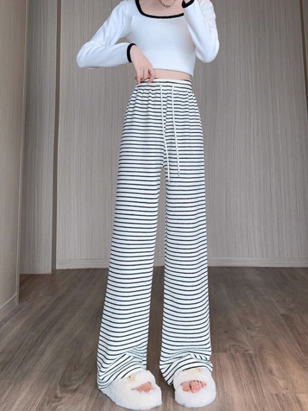 200斤胖mm春秋新款黑白条纹阔腿裤女300斤大码显瘦高腰垂感休闲裤|undefined