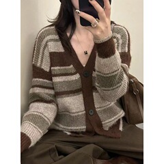 条纹针织开衫女软糯上衣2025秋季新洋气款慵懒风宽松外搭毛衣外套