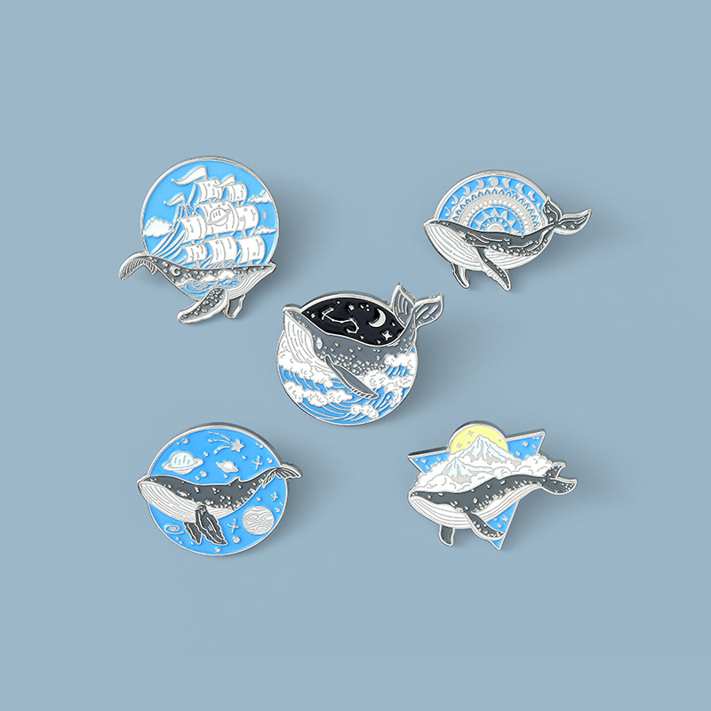 Cute Cartoon Whale Sailing Planet Ocean Dripping Oil Alloy Brooch display picture 1