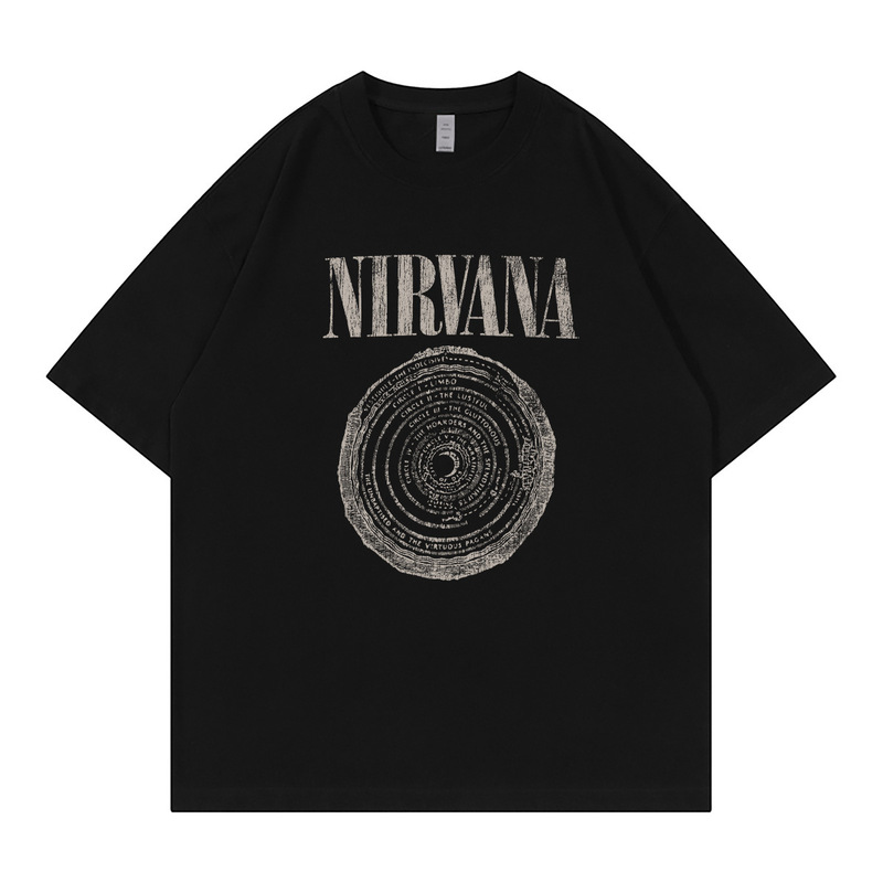 Nirvana Band American Casual Retro Drop-Shoulder Loose Round-Neck Rock Short-Sleeved T-Shirt Black and White Nirvana Band American Casual Retro Drop-Shoulder Loose Round-Neck Rock Short-Sleeved T-Shirt Black and White