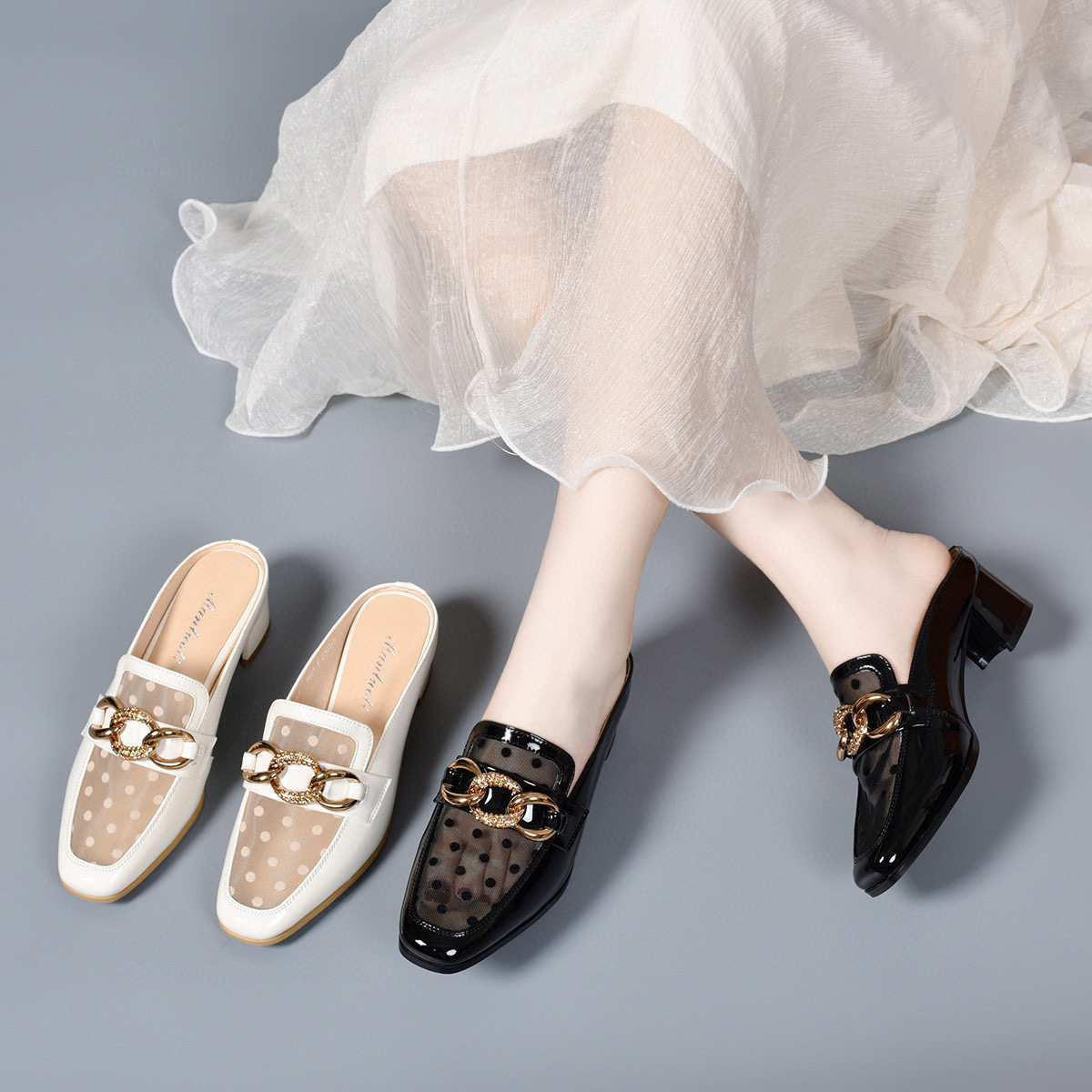 Dép sandal nữ mũi kín lưới thoáng khí gót thô 4 cm phong cách Anh — Màu trắng gạo - 4 cm