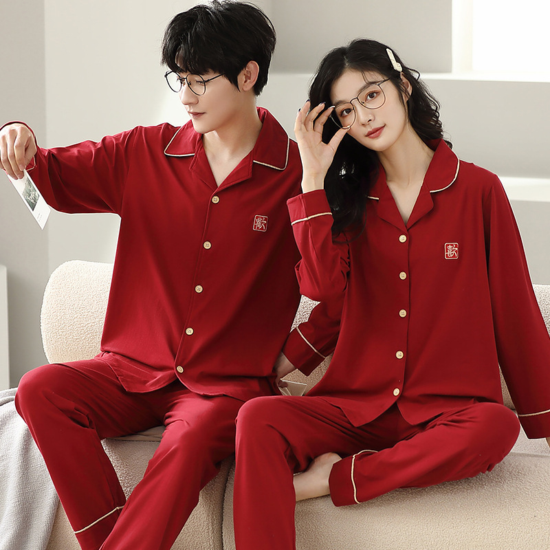 Bright red couple pajamas spring and autumn pure cotton wedding men's and women's lapel suit summer long sleeve birth year home wear