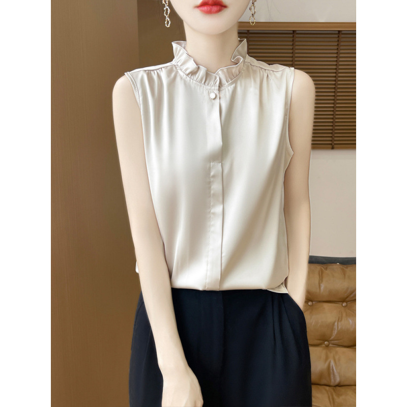Cross-Border Light Luxury Faux Silk Ruffled Collar Sleeveless Shirt, Women's Silk Satin Stand Collar Top with Ruffled Edges Cross-Border Light Luxury Faux Silk Ruffled Collar Sleeveless Shirt, Women's Silk Satin Stand Collar Top with Ruffled Edges
