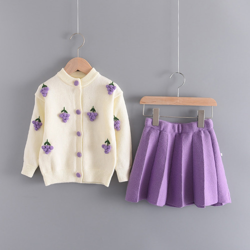 Children's sweater skirt cardigan cross-border autumn and winter new Korean version cartoon fruit picture baby girl two-piece suit sweater