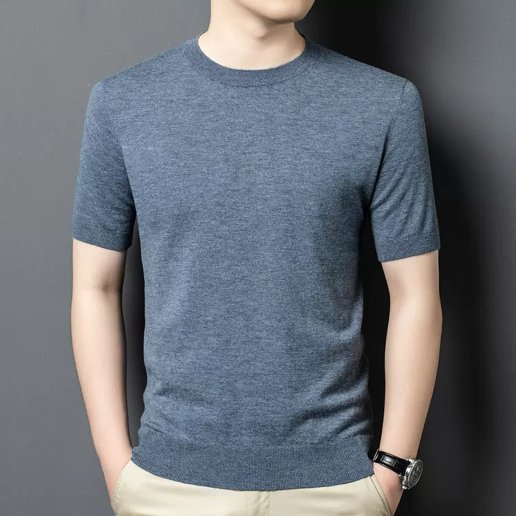 羊毛衫男100%羊毛衫男士短袖针织打底衫圆领纯色百搭保暖抗起球针