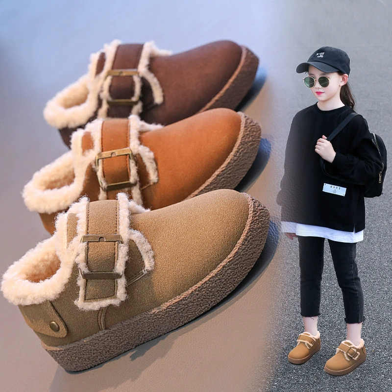 Винтажные замшевые меховые снежные сапоги женские зимние 2024 новые удобные педали плюс бархат теплые хлопчатобумажные туфли на толстой подошве