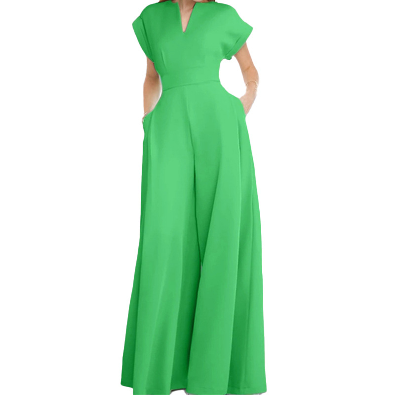 2026 Spring New Style Cross-Border European and American Women's Fashion Elegant V-Neck Solid Color Slim Fit Wide Leg Jumpsuit