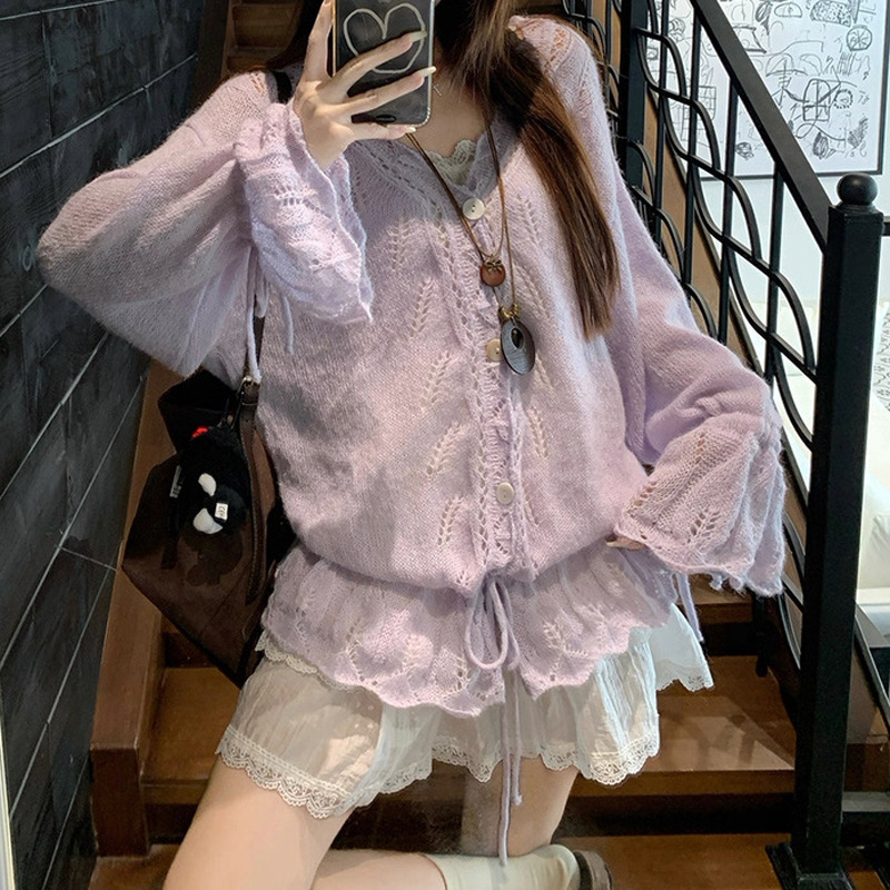 Early Spring Lazy Style Soft Drawstring V-Neck Hollow-Out Knit Cardigan with Ruffled Ties and Sun Protection Sweater Jacket for Women
