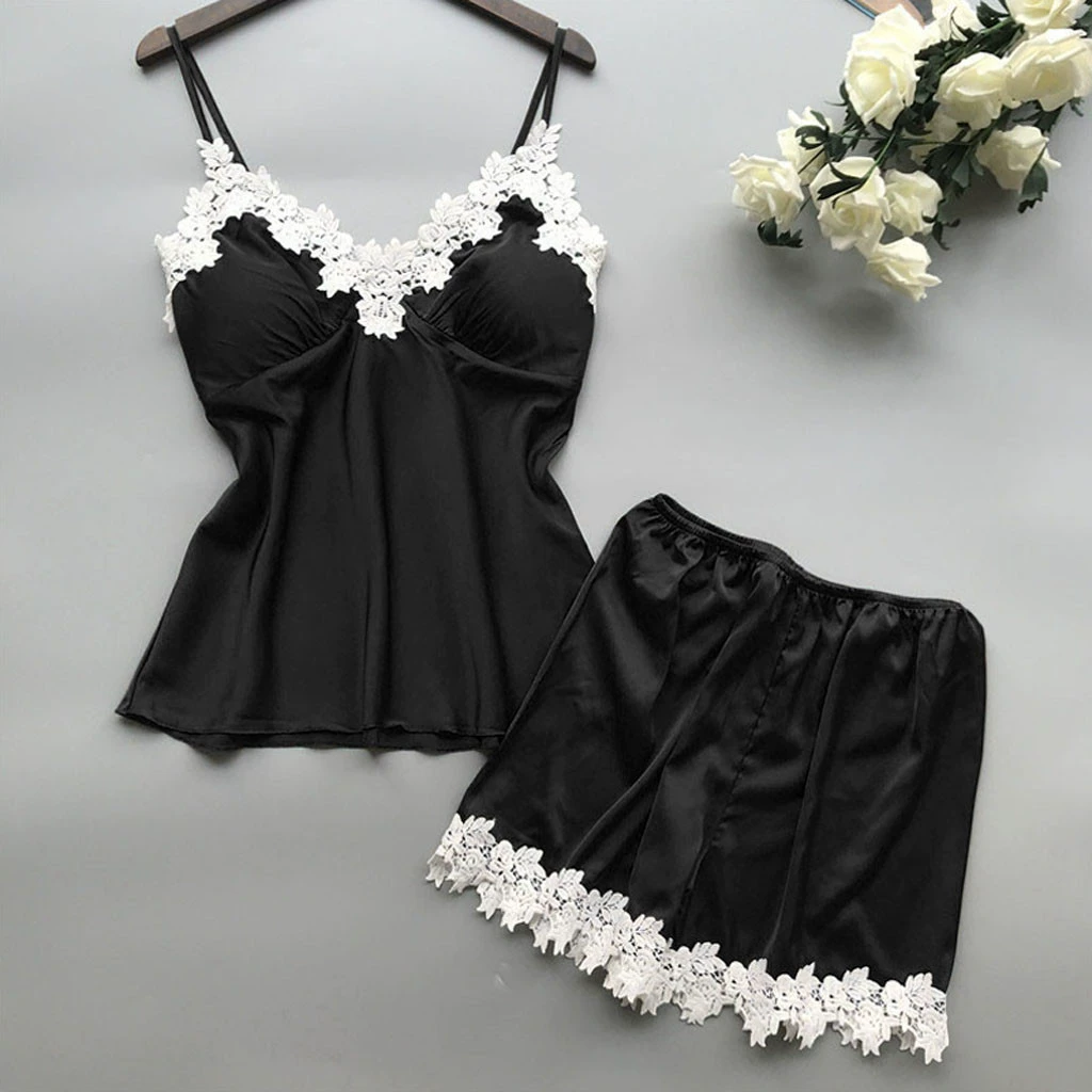 Пижамный набор для женщин, атласный лоскутный топ-с camisole и шорты, лето, расширенный размер (S–2XL)