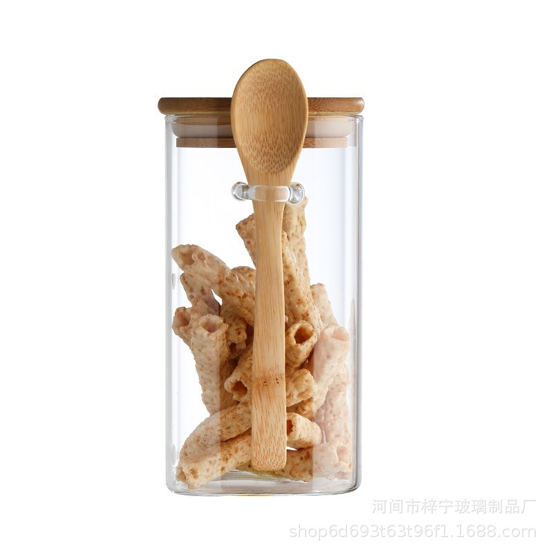 木蓋付き耐熱密封ガラス茶葉保存容器セット、キッチン収納用、木製スプーン付き|undefined