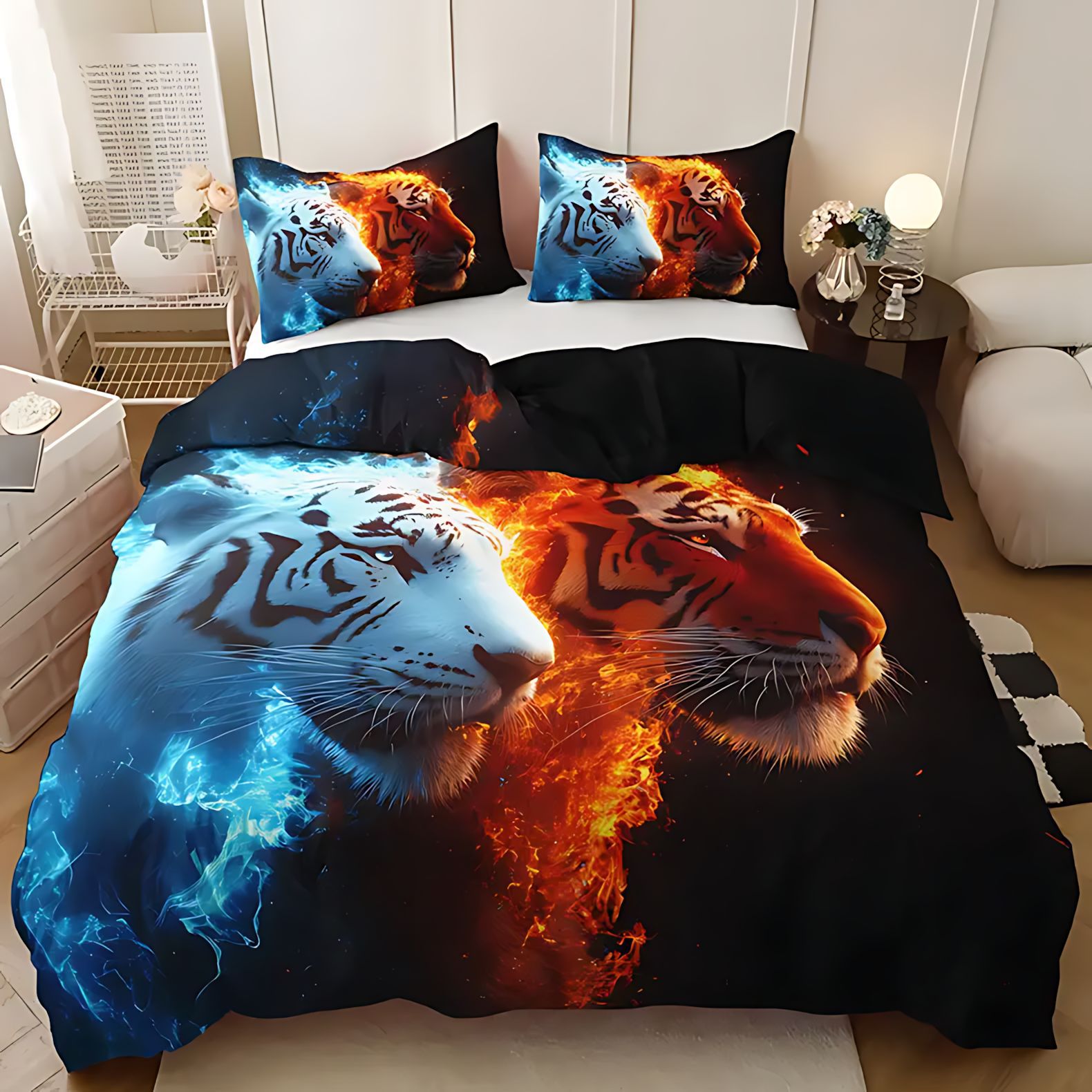 TEMU / JIT Nuevo producto transfronterizo Flame Tiger casa abrasión colcha de cama cubierta de almohada conjunto de ropa de cama para diseñar