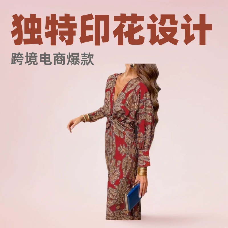 Трансграничная внешняя торговля 2024, Amazon с короткими рукавами, независимая станция, осеннее популярное женское платье с принтом