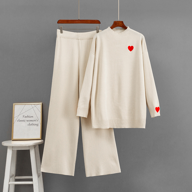 K Knit Sweater Set With Hooded Knitted Sweatshirt And Fashionable Age-reducing Wide-leg Pants, 2-piece Outfit For Women_voghion.com