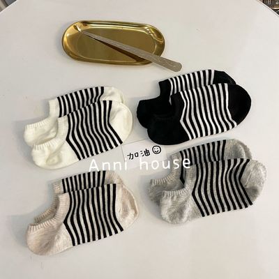 black and white stripe Socks Socks ins summer Thin section pure cotton non-slip invisible Boat socks