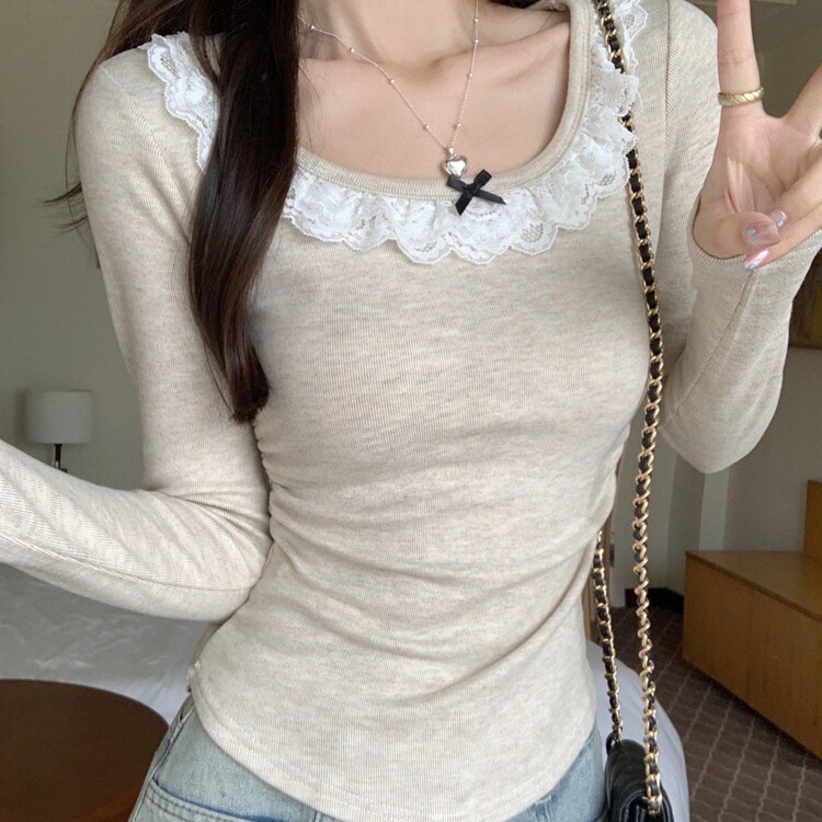 Sense U-neck Elegant Sexy Base Shirt T-shirt Women's Spring and Autumn Pure Desire Lace Stitching Waisted Slim Inner Top