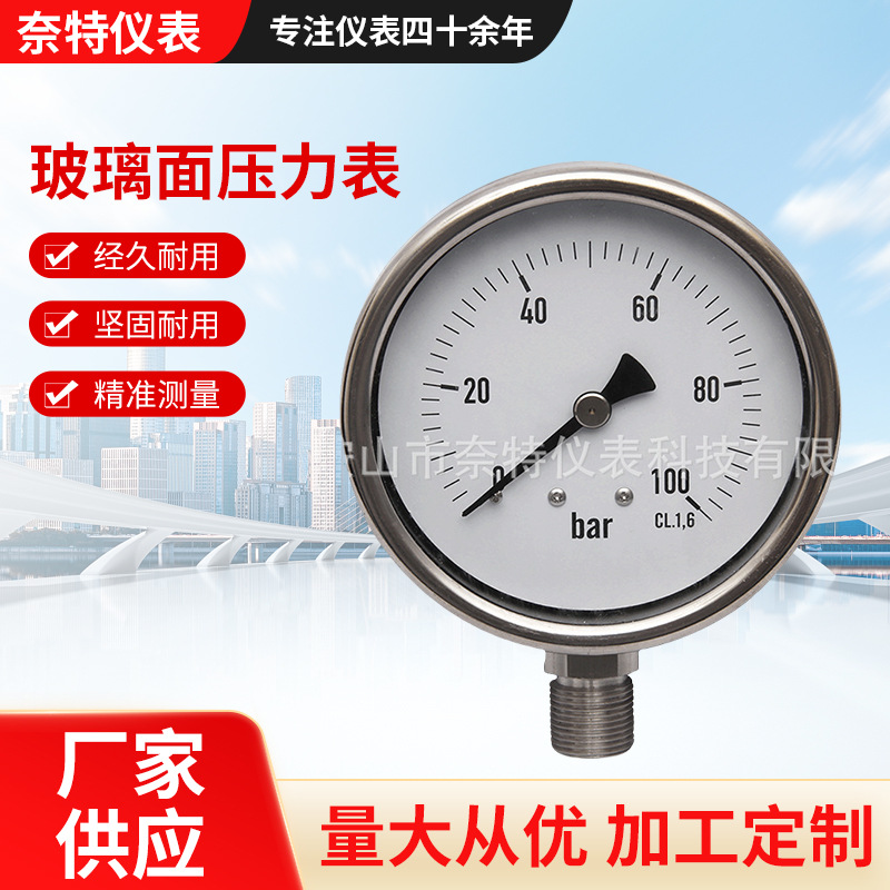 表框可拆开100mm直立式 全钢耐酸耐腐蚀0-100bar粗牙玻璃面压力表