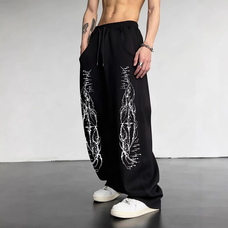 Spring and Autumn New Y2K Dark Gothic Print Loose Slimming Unisex Drawstring Sweatpants Wide-Leg Joggers