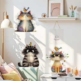 卡通毛绒猫咪背景墙贴画橱窗玻璃房门贴画可移除自粘墙画 39050