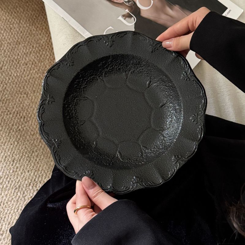 レトロフレンチマットブラックレリーフレースセラミックディナープレートボウルカップハイフットプレート中古重工業シリーズ|undefined