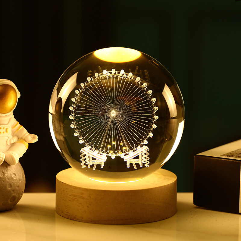 Bola de cristal 3D de la Vía Láctea — grabado interno luminoso con base de madera, luz nocturna decorativa creativa