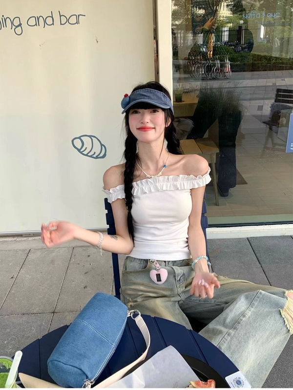 スイートスタイルイヤリングワンショルダーオレンジ半袖Tシャツレディース夏シックなスリムフィットホットガールショートトップ|undefined