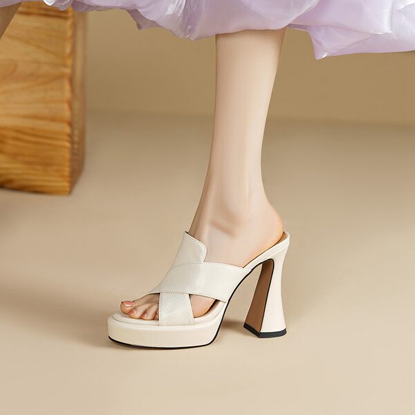 Sandal cao gót nữ hở mũi gót thô 11 cm kiểu mới mùa hè — trắng
